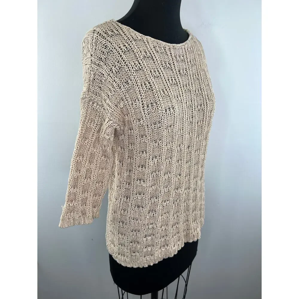 Eileen Fisher Beige Organic Cotton Linen 3/4 Sleeve Round Neck Knit Sweater S